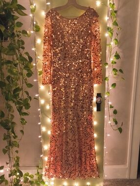Women's Maniju Nude Beige Rose Bronze Sequin Fishnet Long Sleeve Evening Gown S
